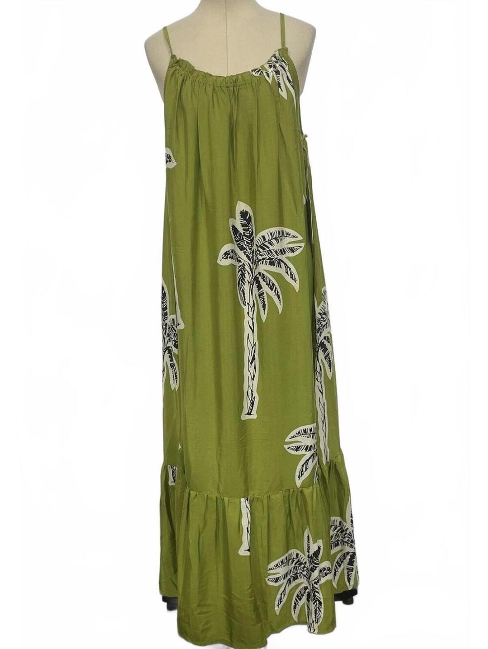NWT True Destinations Olive Green Palm Print Maxi Dress Size Small